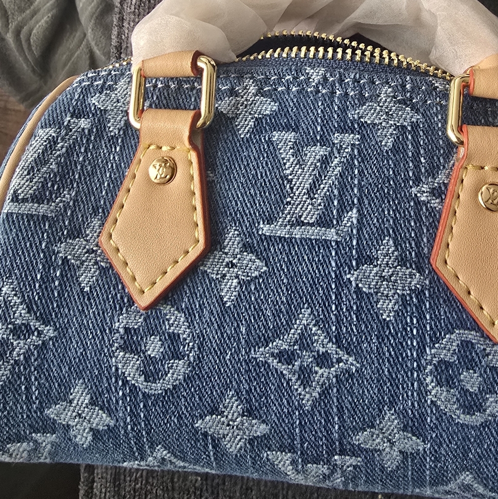 Blue Denim Monogram Micro Mini Bag with Tan Leather Trim - Picture 12 of 14